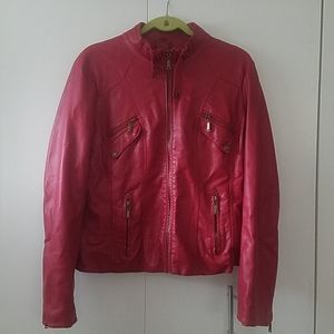 Deep red, faux leather motorcycle jacket